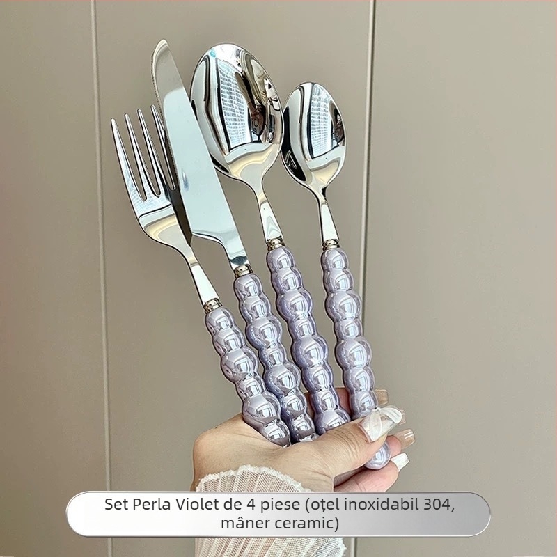 Set tacâm din oțel inoxidabil 304 cu mâner ceramic perlă: cuțit, furculiță și lingură; lingură de desert și lingură de masă