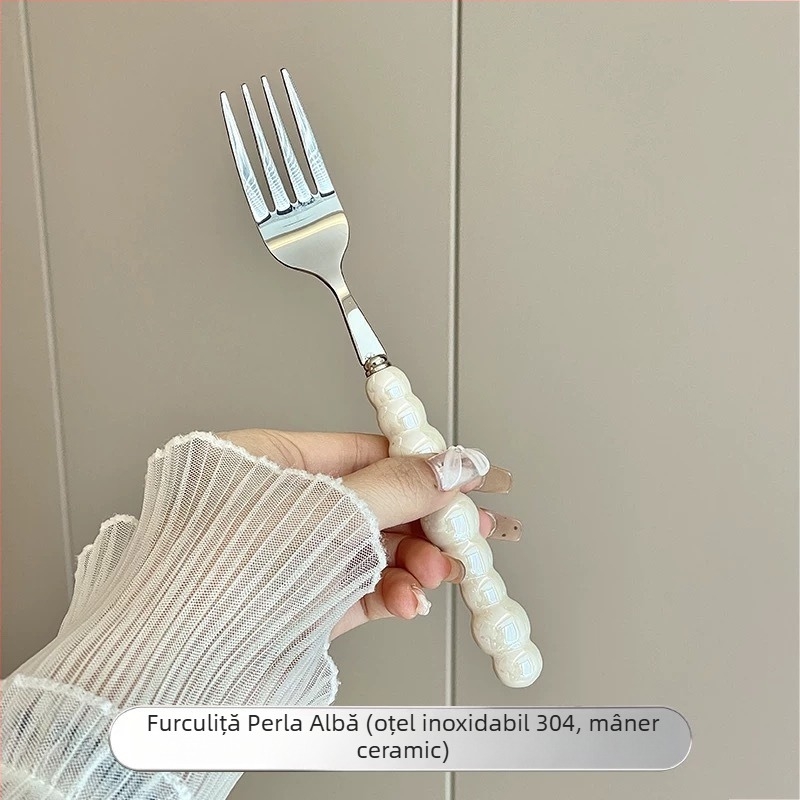 Set tacâm din oțel inoxidabil 304 cu mâner ceramic perlă: cuțit, furculiță și lingură; lingură de desert și lingură de masă