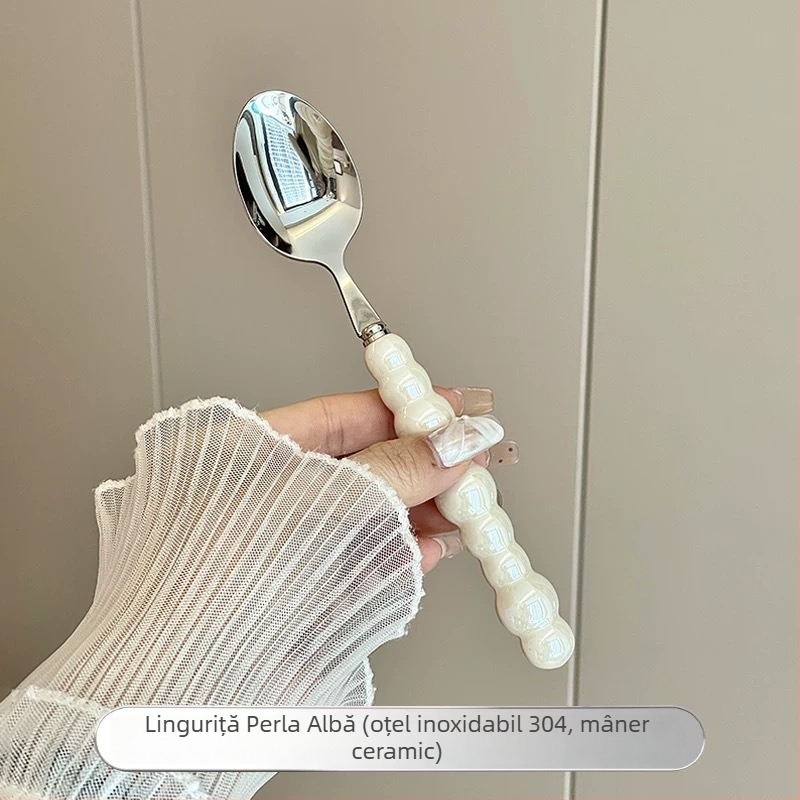 Set tacâm din oțel inoxidabil 304 cu mâner ceramic perlă: cuțit, furculiță și lingură; lingură de desert și lingură de masă