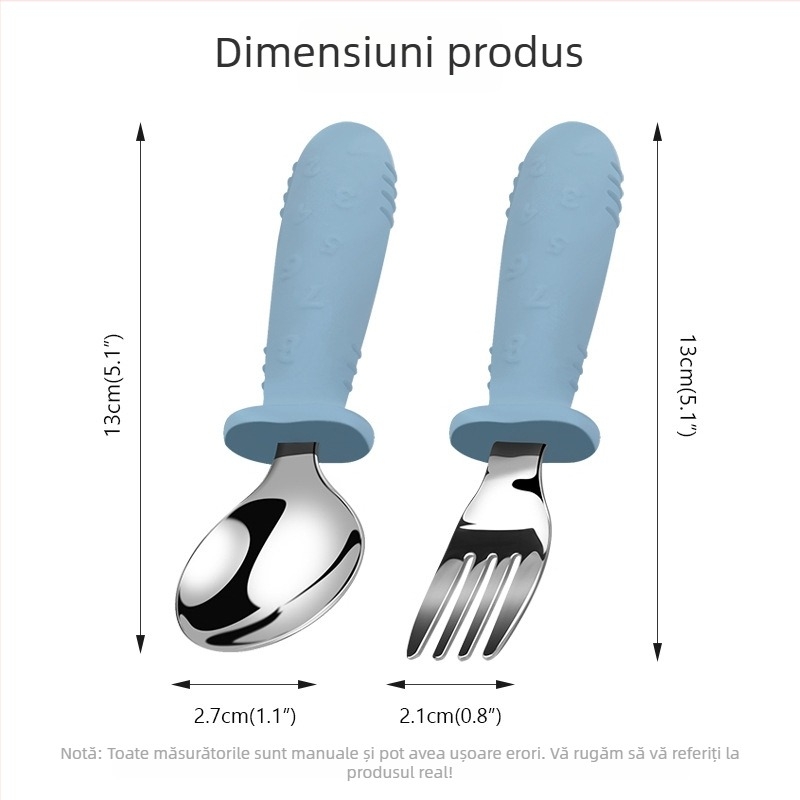 Set de tacâmuri pentru copii, 3 piese: cuțit, furculiță și lingură, cu mâner din silicon scurt, oțel inoxidabil 304 – tacâmuri portabile pentru hrănire