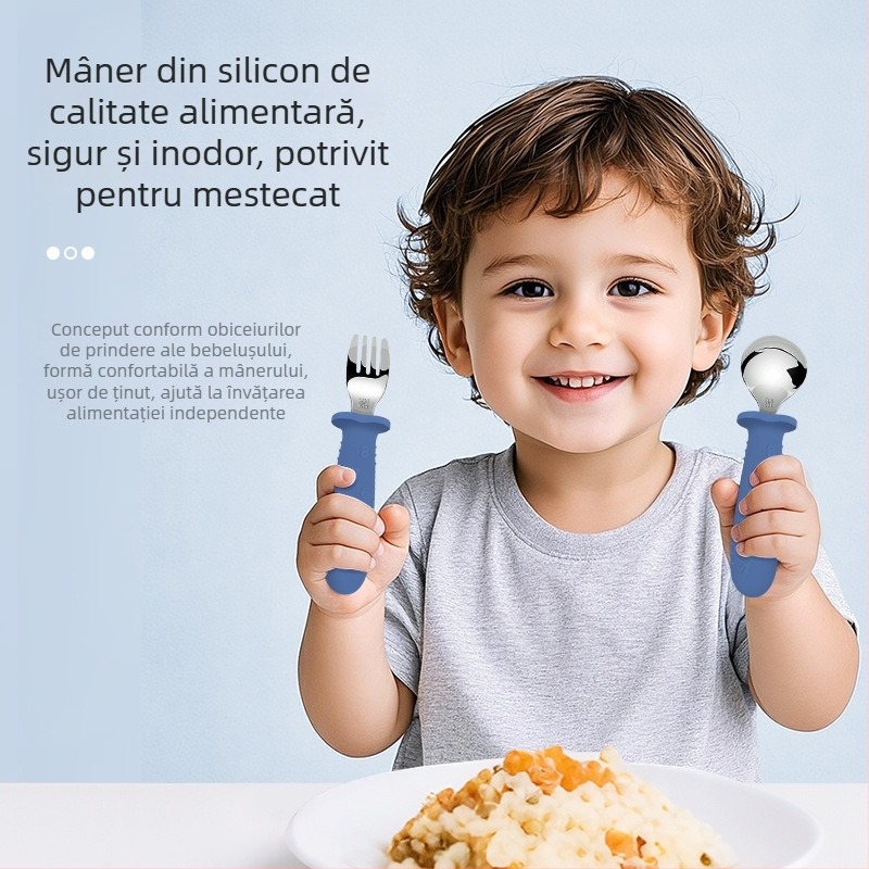Set de tacâmuri pentru copii, 3 piese: cuțit, furculiță și lingură, cu mâner din silicon scurt, oțel inoxidabil 304 – tacâmuri portabile pentru hrănire