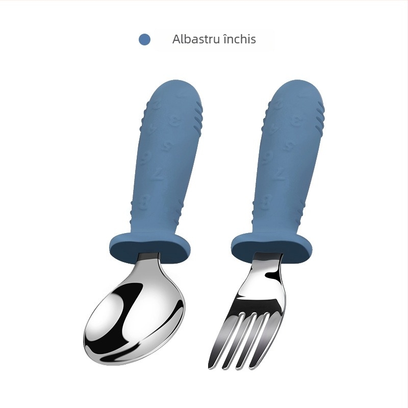 Set de tacâmuri pentru copii, 3 piese: cuțit, furculiță și lingură, cu mâner din silicon scurt, oțel inoxidabil 304 – tacâmuri portabile pentru hrănire