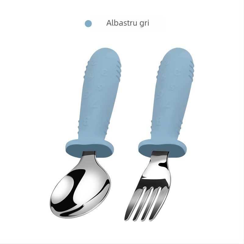 Set de tacâmuri pentru copii, 3 piese: cuțit, furculiță și lingură, cu mâner din silicon scurt, oțel inoxidabil 304 – tacâmuri portabile pentru hrănire