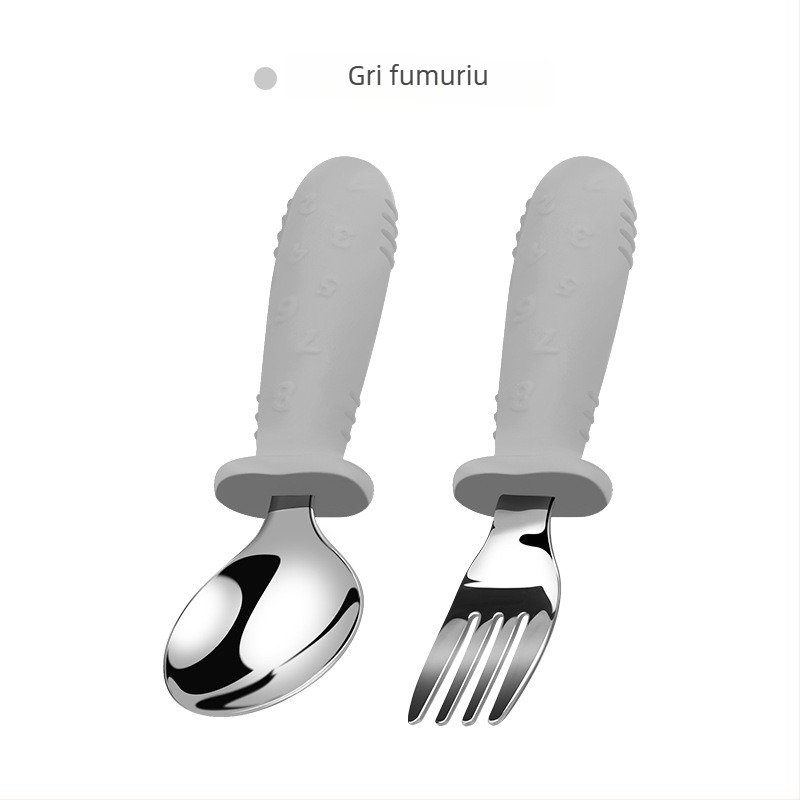 Set de tacâmuri pentru copii, 3 piese: cuțit, furculiță și lingură, cu mâner din silicon scurt, oțel inoxidabil 304 – tacâmuri portabile pentru hrănire