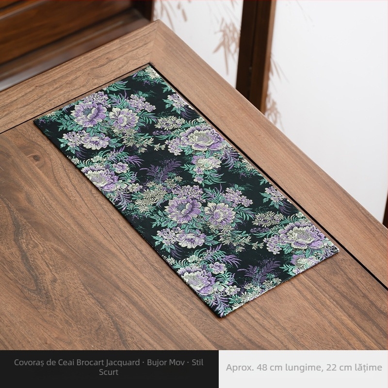 Covoraș dublu față din brocart pentru ceai, cu design bujor mov, suport pentru ceai și pernă pentru ceainic, accesorii pentru ceremonia ceaiului, țesătură, dimensiuni personalizabile 48x22 cm sau 68x35 cm
