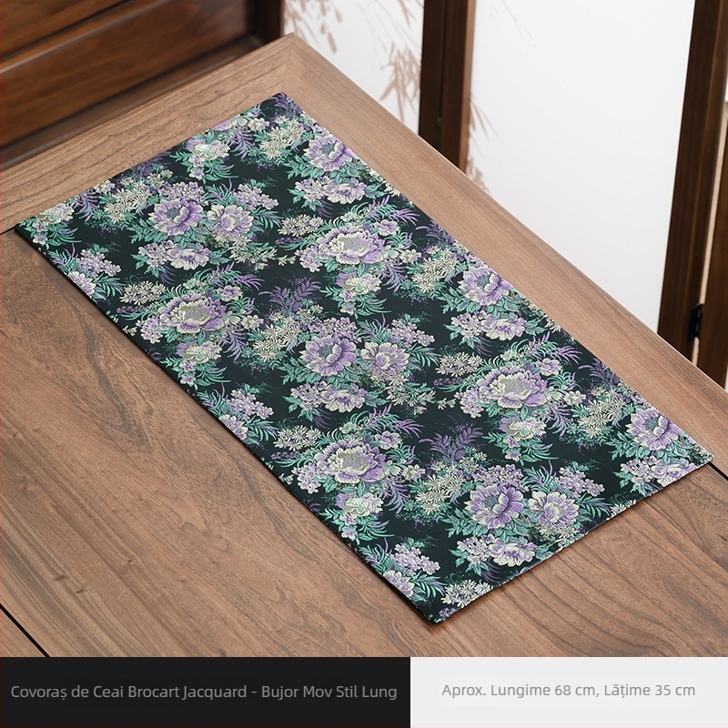 Covoraș dublu față din brocart pentru ceai, cu design bujor mov, suport pentru ceai și pernă pentru ceainic, accesorii pentru ceremonia ceaiului, țesătură, dimensiuni personalizabile 48x22 cm sau 68x35 cm