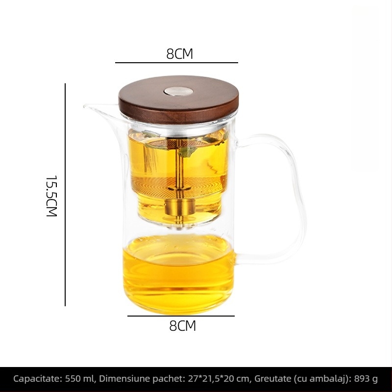 Ceainic din sticlă cu separare ceai-apă, filtru rezistent la căldură, infuzor magnetic.