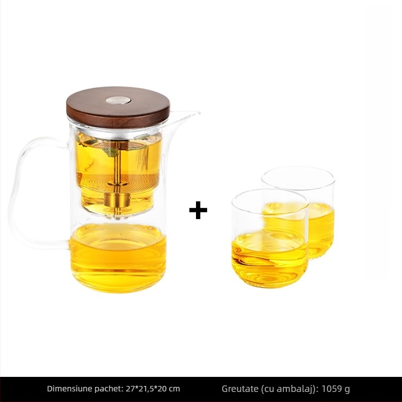 Ceainic din sticlă cu separare ceai-apă, filtru rezistent la căldură, infuzor magnetic.