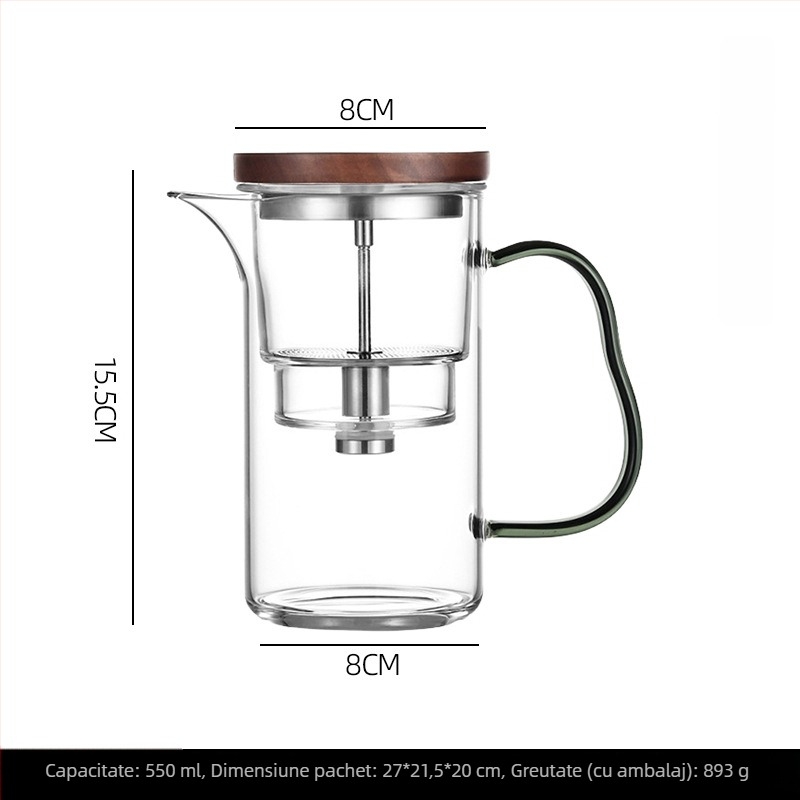 Ceainic din sticlă cu separare ceai-apă, filtru rezistent la căldură, infuzor magnetic.