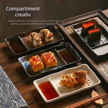 Farfurie din porțelană cu două compartimente și vas pentru sos, în stil japonez, pentru prăjituri, sushi, deserturi și gustări.