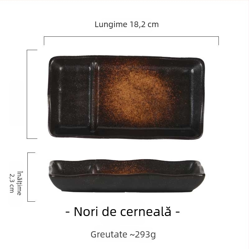 Farfurie din porțelană cu două compartimente și vas pentru sos, în stil japonez, pentru prăjituri, sushi, deserturi și gustări.