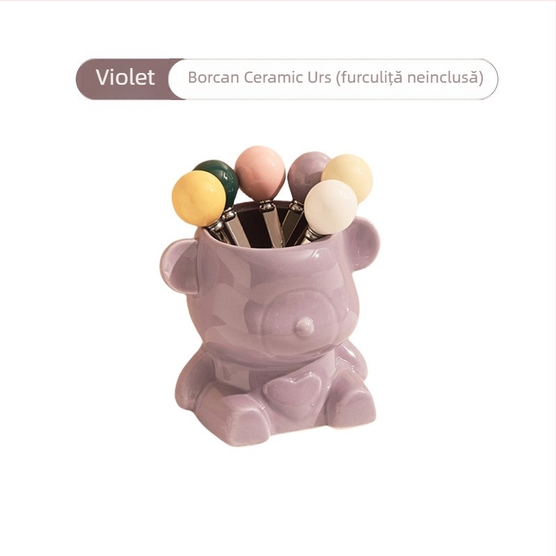 Set ceramic cu ursuleț crem, pentru furculițe și linguri de fructe, în borcan
