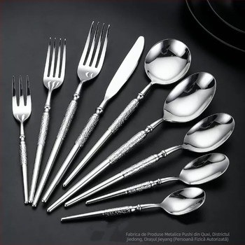 Set de tacâmuri în stil occidental, din oțel inoxidabil 304, finisaj ciocănit: cuțit pentru steak, furculiță și lingură de desert, lucrat manual premium