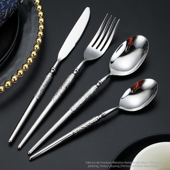 Set de tacâmuri în stil occidental, din oțel inoxidabil 304, finisaj ciocănit: cuțit pentru steak, furculiță și lingură de desert, lucrat manual premium