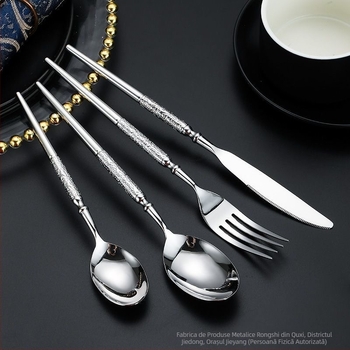 Set de tacâmuri în stil occidental, din oțel inoxidabil 304, finisaj ciocănit: cuțit pentru steak, furculiță și lingură de desert, lucrat manual premium