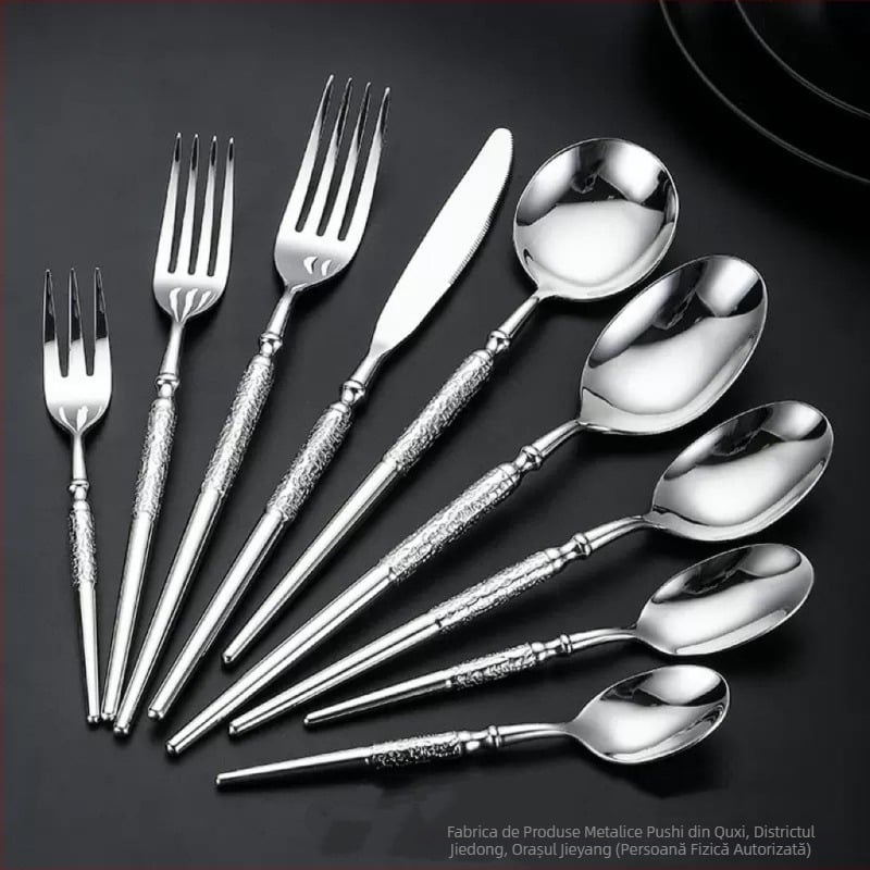 Set de tacâmuri în stil occidental, din oțel inoxidabil 304, finisaj ciocănit: cuțit pentru steak, furculiță și lingură de desert, lucrat manual premium