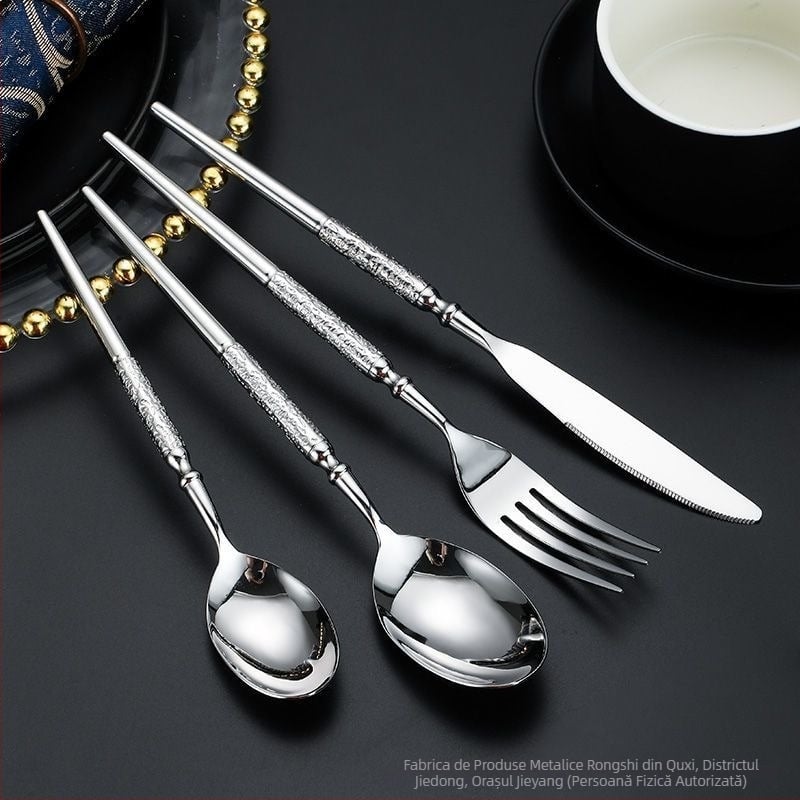 Set de tacâmuri în stil occidental, din oțel inoxidabil 304, finisaj ciocănit: cuțit pentru steak, furculiță și lingură de desert, lucrat manual premium