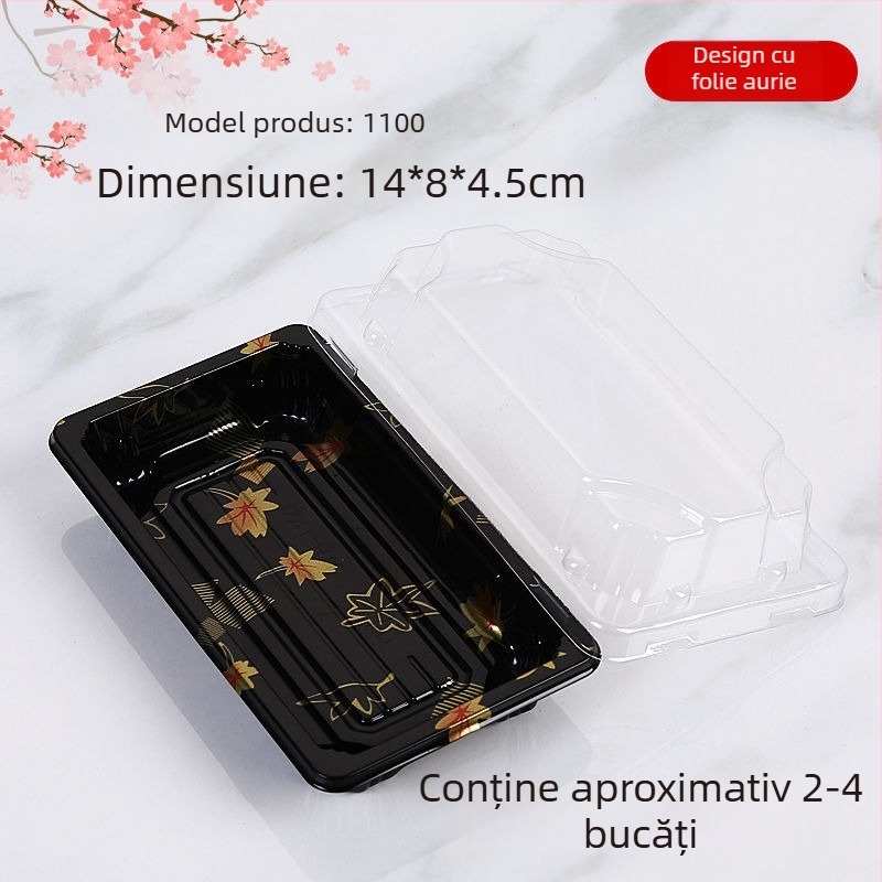 Cutie de sushi de unică folosință, dreptunghiulară, din plastic, pentru takeout, somon sashimi japonez, stil gunkan
