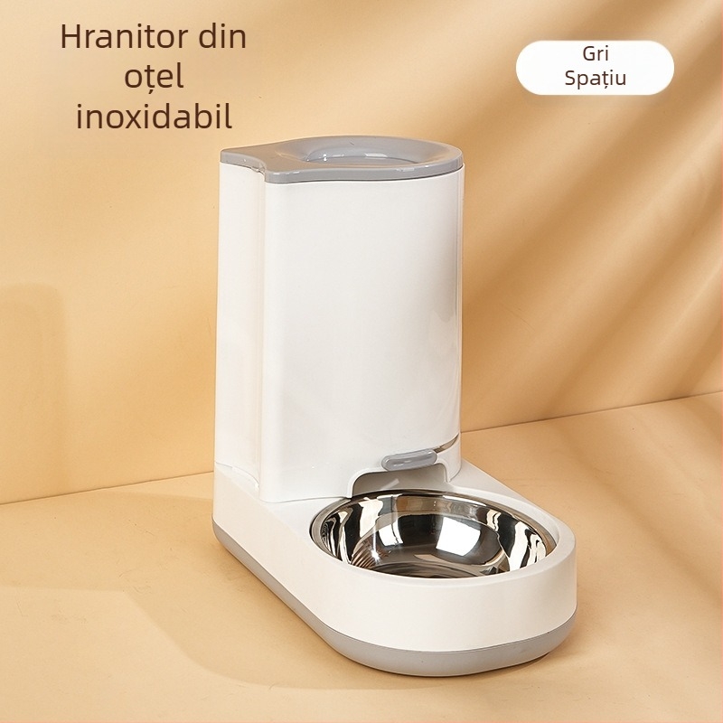 Hrănitor automat pentru pisici și câini, cu distribuator de apă, boluri anti-alunecare și un bol mare pentru hrană