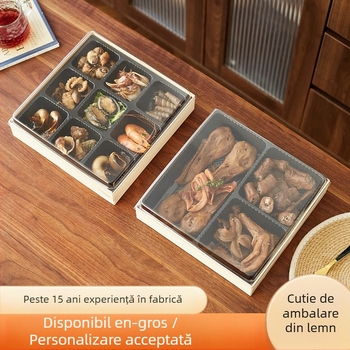 Cutie de unică folosință din lemn pentru takeout, cu nouă compartimente pentru fructe de mare, rață și preparate gătite