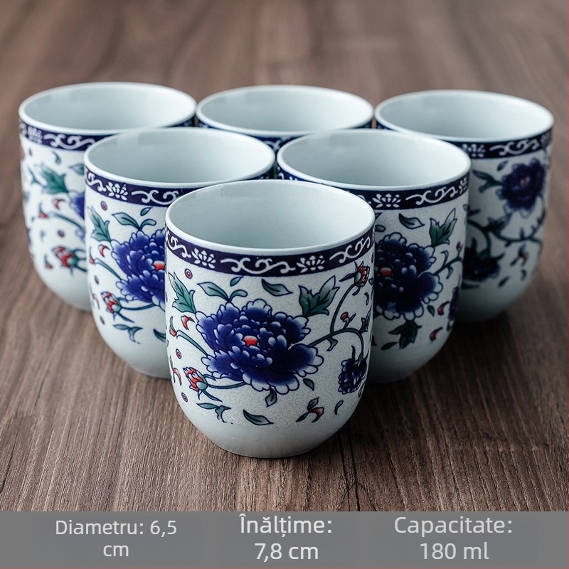 Set de ceai Kung Fu din porțelan albastru și alb, cu șase cești de degustare și o ceașcă de servire