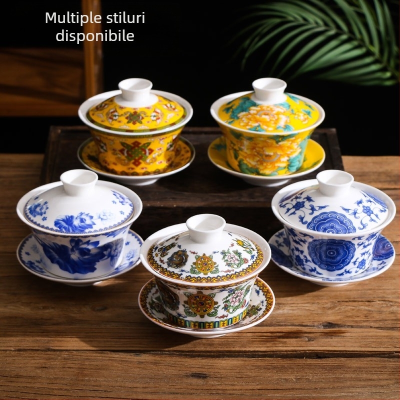 Vas ceramic cu capac pentru ceai, glazură Sancai, ceai cu opt comori, capac mare, porțelan alb, ceașcă de ceai cu flori și cafea