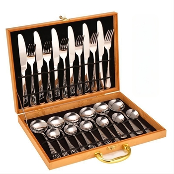 Set de tacâmuri din oțel inoxidabil, stil european, 24 piese, cutie cadou, include cuțite pentru friptură, furci și linguri
