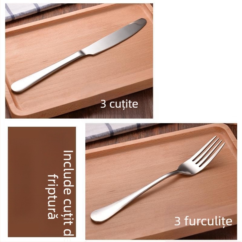Set de tacâmuri din oțel inoxidabil, stil european, 24 piese, cutie cadou, include cuțite pentru friptură, furci și linguri