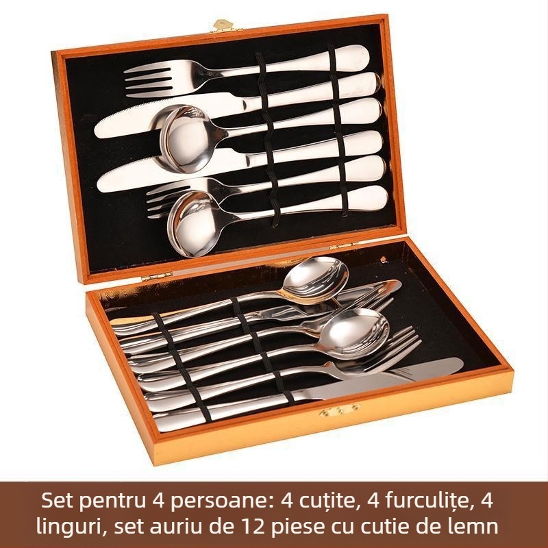 Set de tacâmuri din oțel inoxidabil, stil european, 24 piese, cutie cadou, include cuțite pentru friptură, furci și linguri