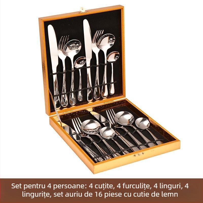 Set de tacâmuri din oțel inoxidabil, stil european, 24 piese, cutie cadou, include cuțite pentru friptură, furci și linguri