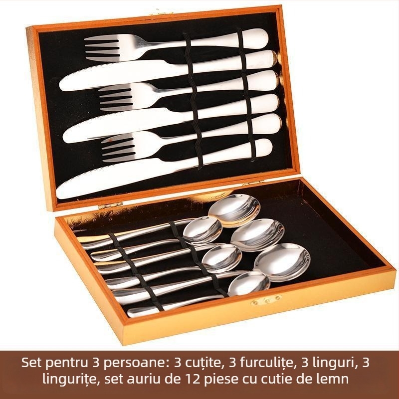Set de tacâmuri din oțel inoxidabil, stil european, 24 piese, cutie cadou, include cuțite pentru friptură, furci și linguri