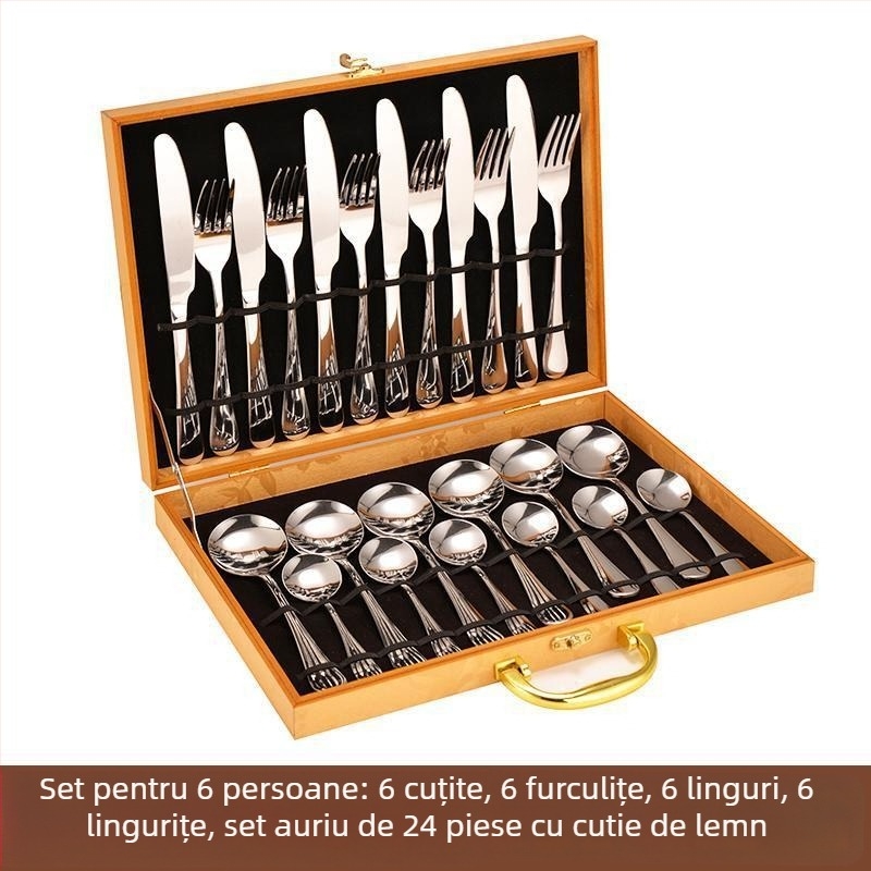 Set de tacâmuri din oțel inoxidabil, stil european, 24 piese, cutie cadou, include cuțite pentru friptură, furci și linguri
