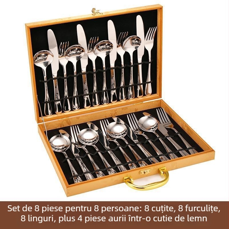Set de tacâmuri din oțel inoxidabil, stil european, 24 piese, cutie cadou, include cuțite pentru friptură, furci și linguri