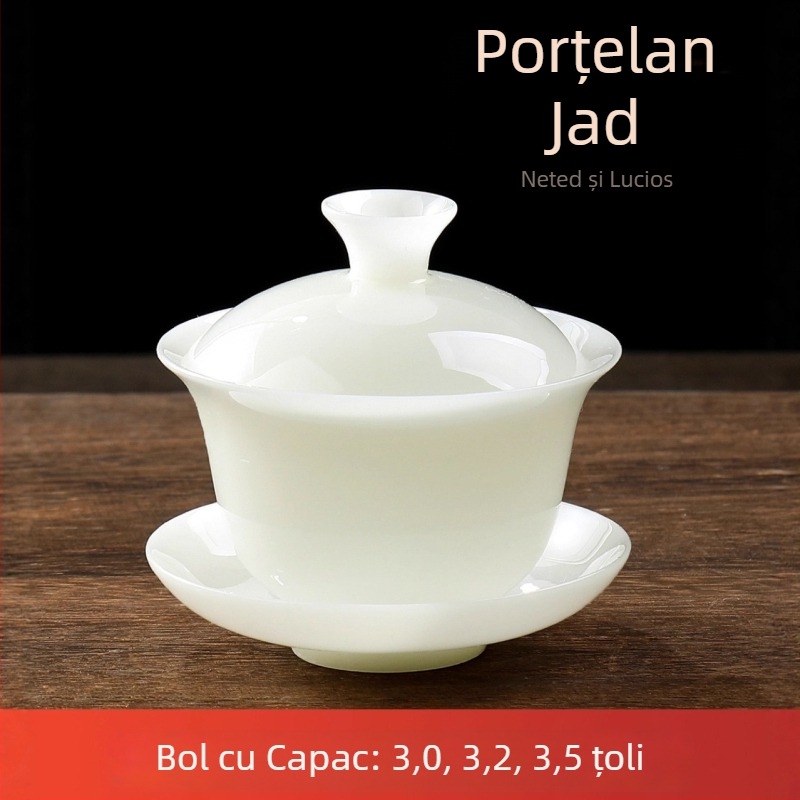 Set Gongfu de ceai din porțelan, cu vas cu capac din trei părți, alb gheață