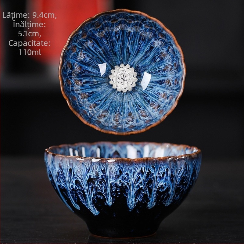 Cească Gongfu pentru ceai, cu argint încrustat, ceramică Jian Zhan, model lotus, pentru uz casnic