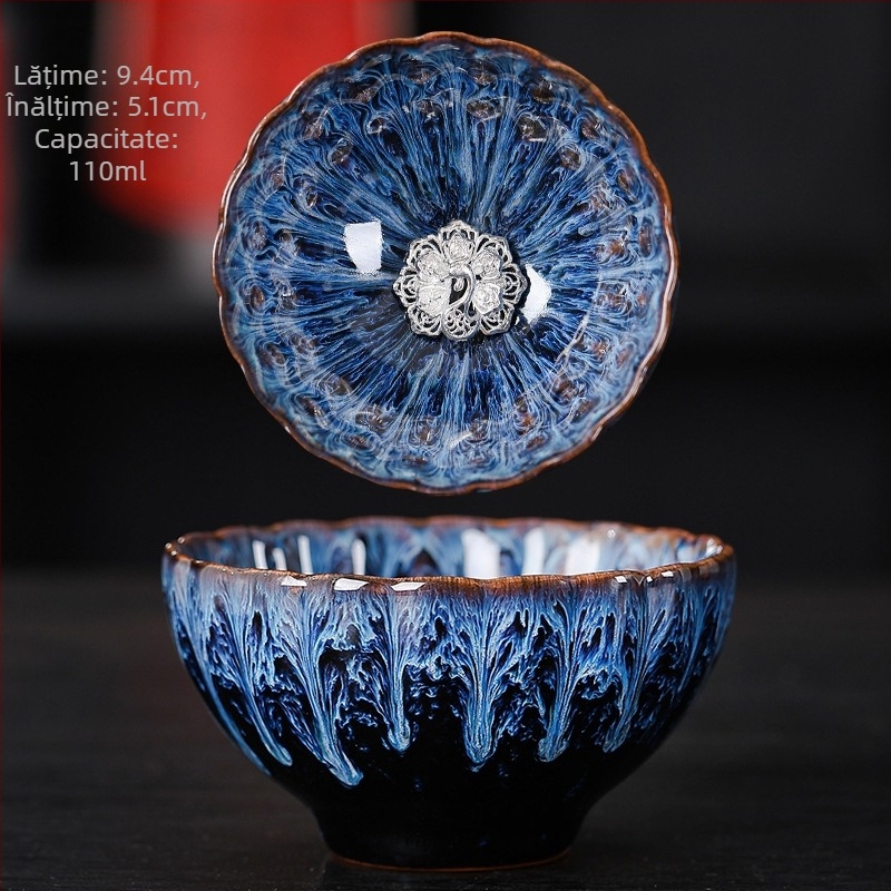 Cească Gongfu pentru ceai, cu argint încrustat, ceramică Jian Zhan, model lotus, pentru uz casnic
