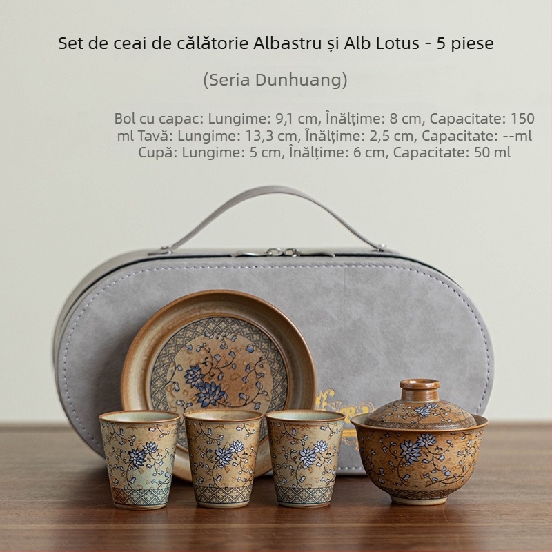 Set de ceai ceramic pentru călătorii, cu ceainic și trei cești – minimalist, portabil pentru exterior, model albastru și alb cu lotus