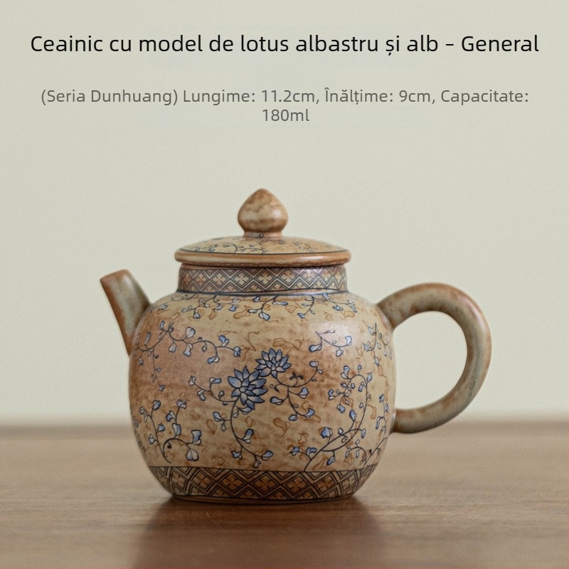 Set de ceai ceramic pentru călătorii, cu ceainic și trei cești – minimalist, portabil pentru exterior, model albastru și alb cu lotus