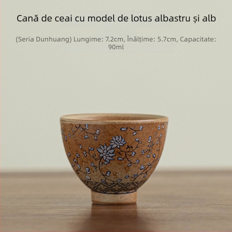 Set de ceai ceramic pentru călătorii, cu ceainic și trei cești – minimalist, portabil pentru exterior, model albastru și alb cu lotus