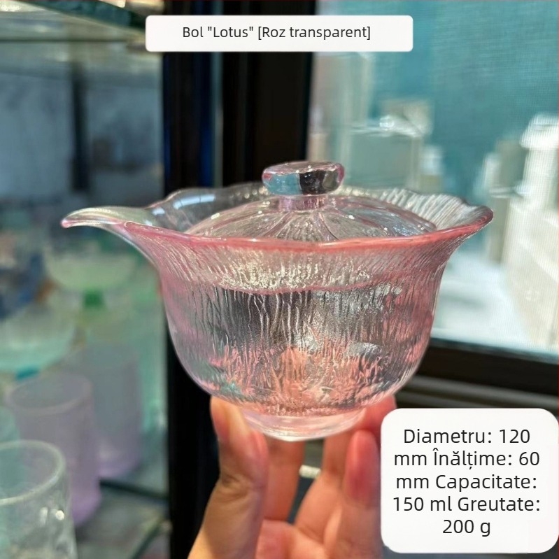 Set gaiwan în stil chinezesc cu lotus, pentru uz casnic, sticlă de cristal, cești de ceai rezistente la temperaturi înalte