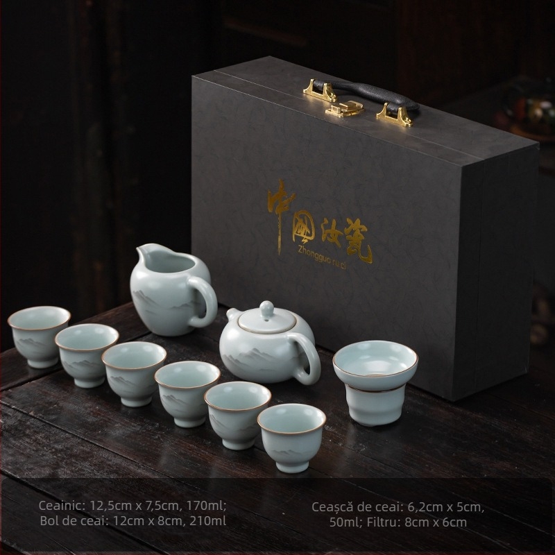 Set ceai Kung Fu Ru Kiln, gaiwan ceramic, ceainic și cești pentru uz casnic, stil minimalist