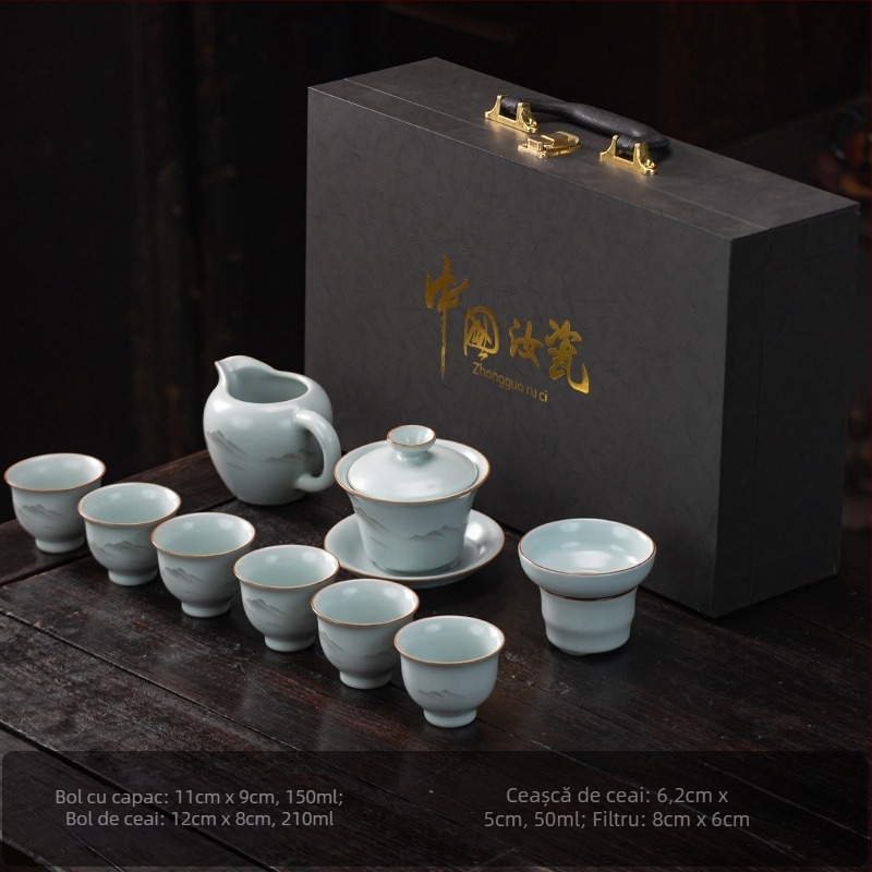 Set ceai Kung Fu Ru Kiln, gaiwan ceramic, ceainic și cești pentru uz casnic, stil minimalist