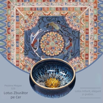 Set de ceai Dunhuang Lotus Jianzhan cu pereche de cești Tianmu, cești argintii — cutie cadou