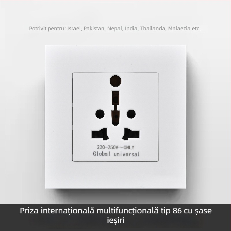 Panou internațional cu șase prize, tipuri 86 și 142, întrerupător