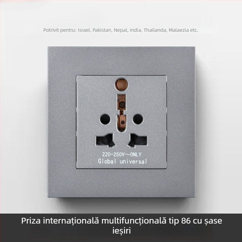 Panou internațional cu șase prize, tipuri 86 și 142, întrerupător