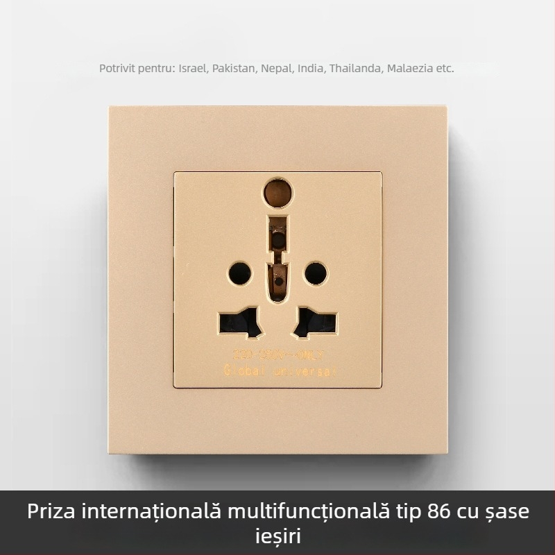 Panou internațional cu șase prize, tipuri 86 și 142, întrerupător