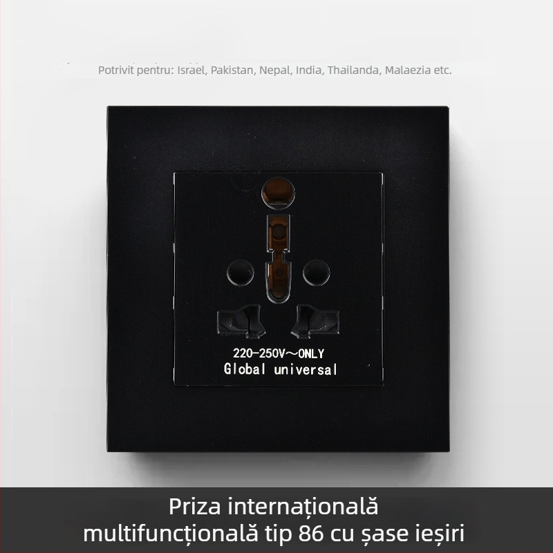 Panou internațional cu șase prize, tipuri 86 și 142, întrerupător