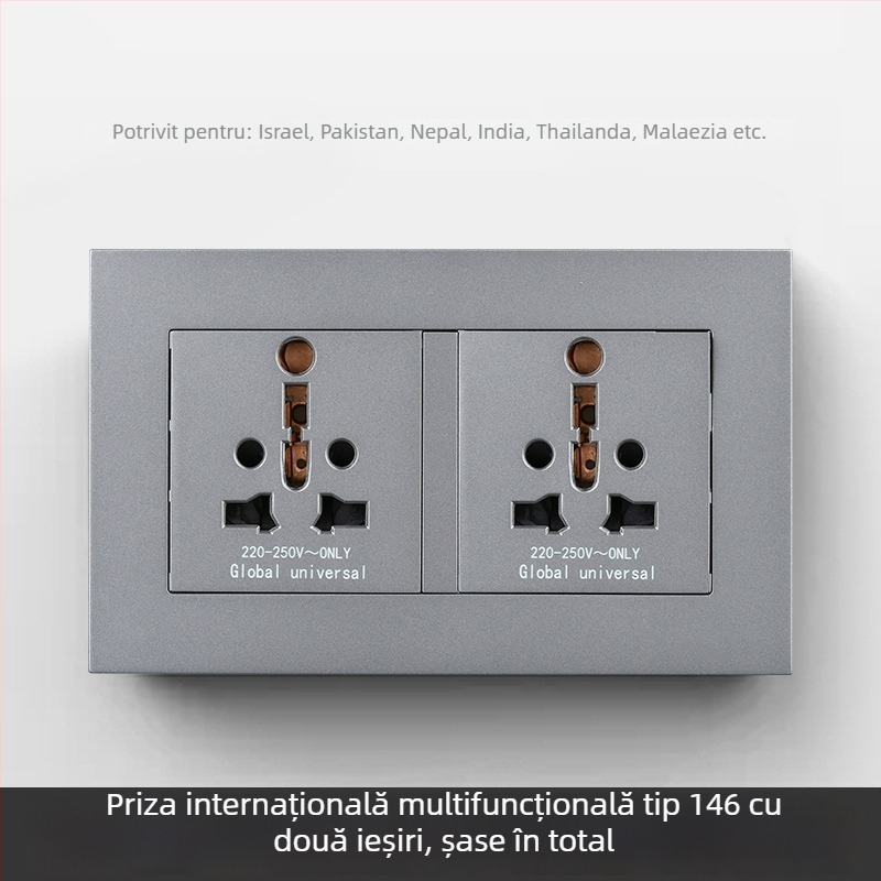 Panou internațional cu șase prize, tipuri 86 și 142, întrerupător