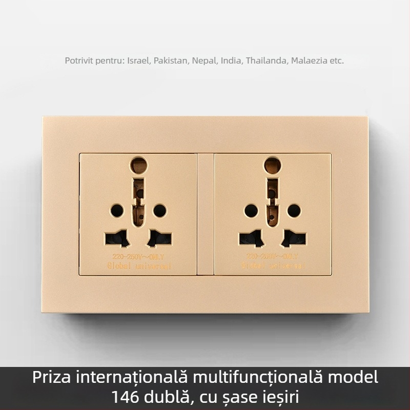 Panou internațional cu șase prize, tipuri 86 și 142, întrerupător