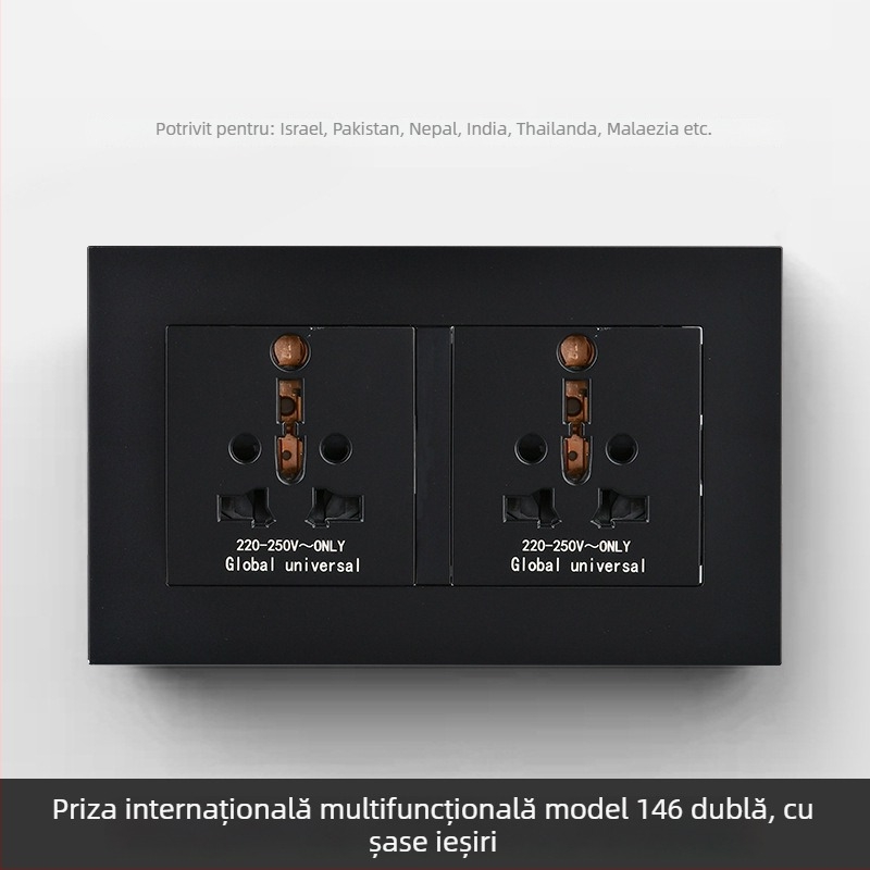 Panou internațional cu șase prize, tipuri 86 și 142, întrerupător